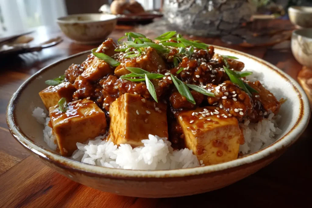 Cozy bowl of tofu and beef one pot served over white rice with scallions and sesame seeds