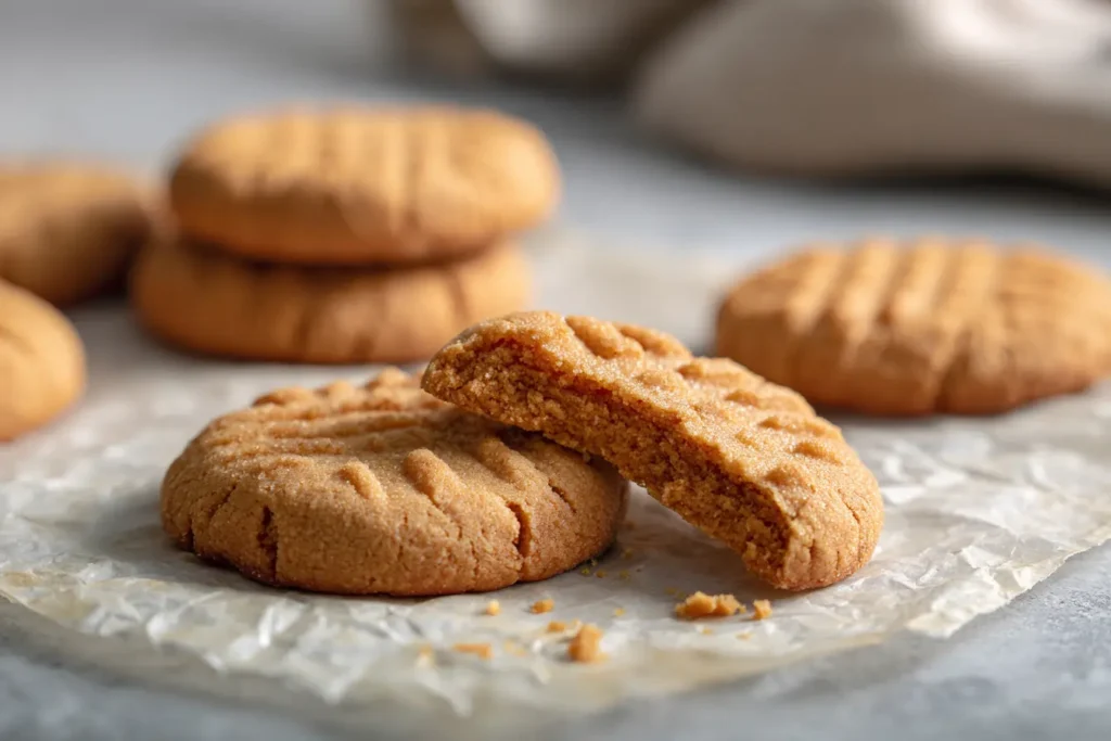 Cooled keto peanut butter cookies on parchment with one broken open