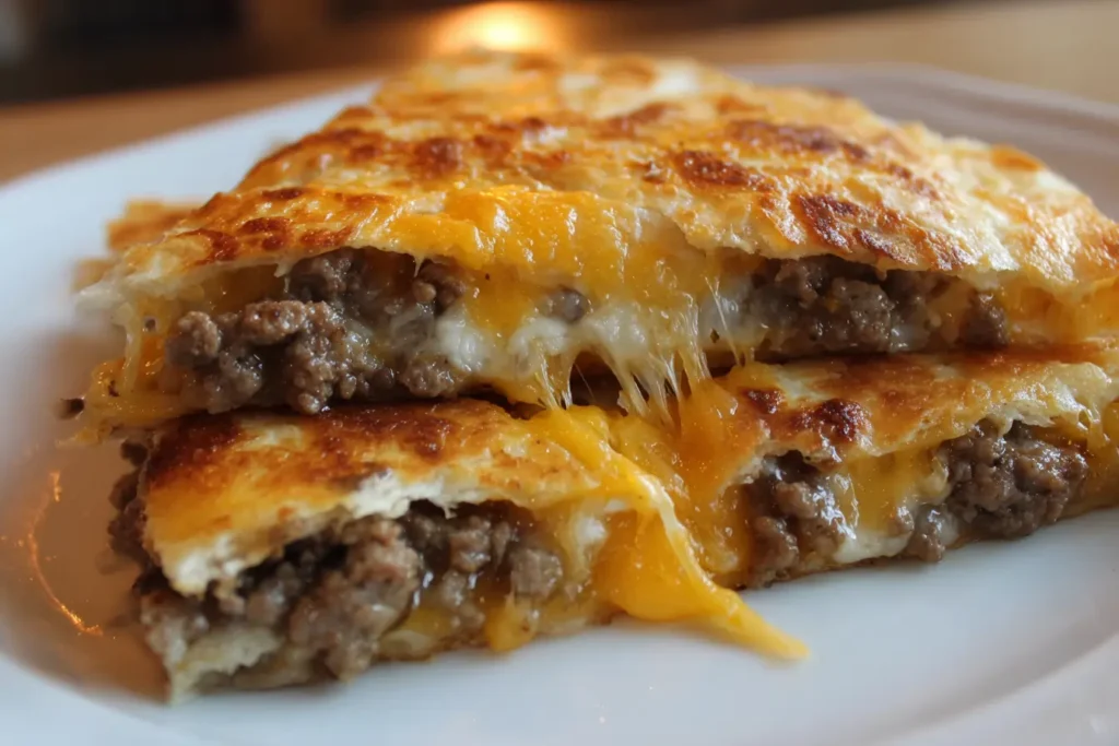 Close-up cheese pull from a sheet pan cheeseburger quesadilla with beef inside