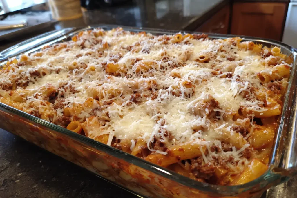 Baking dish with layered ziti and meat sauce, ricotta dollops, and shredded mozzarella before baking.