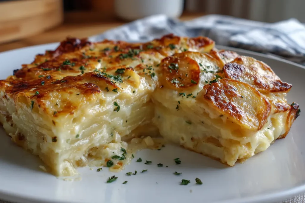 Slice of lazy perogy casserole showing creamy potato layers and melted cheese