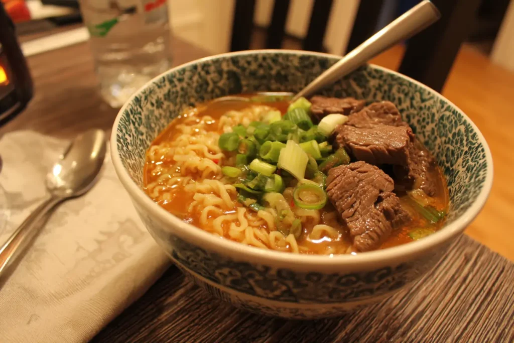 Reheated bowl of spicy miso braised beef ramen on a small table with a spoon and napkin in cozy evening light