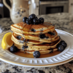 Fluffy lemon blueberry pancakes topped with fresh blueberries and lemon zest