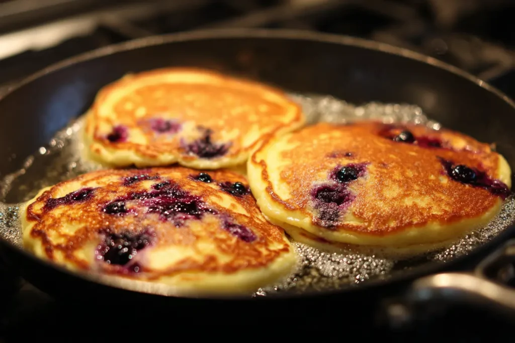 Lemon blueberry pancakes cooking on a skillet with bubbles forming before flipping