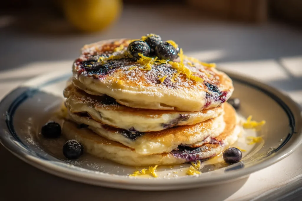 Fluffy lemon blueberry pancakes topped with lemon zest and fresh blueberries
