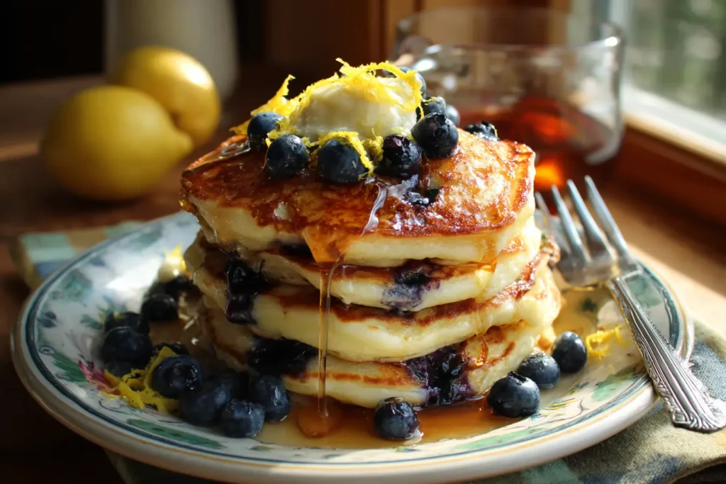 Stack of lemon blueberry pancakes with butter and maple syrup dripping down the sides