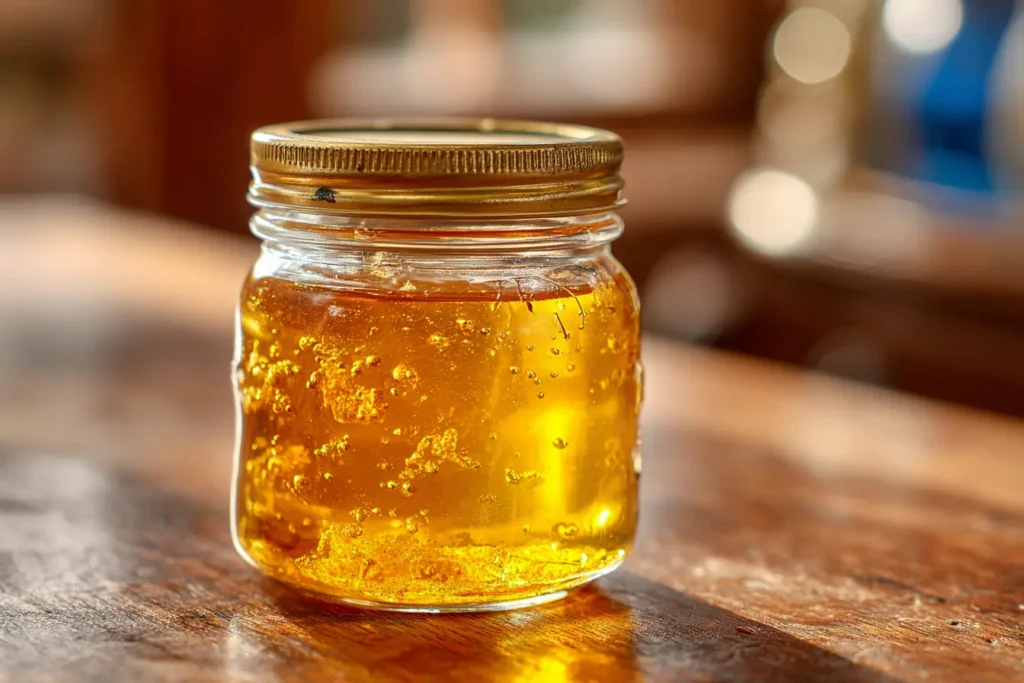 lemon ginger honey syrup in a clear glass jar with ginger pieces