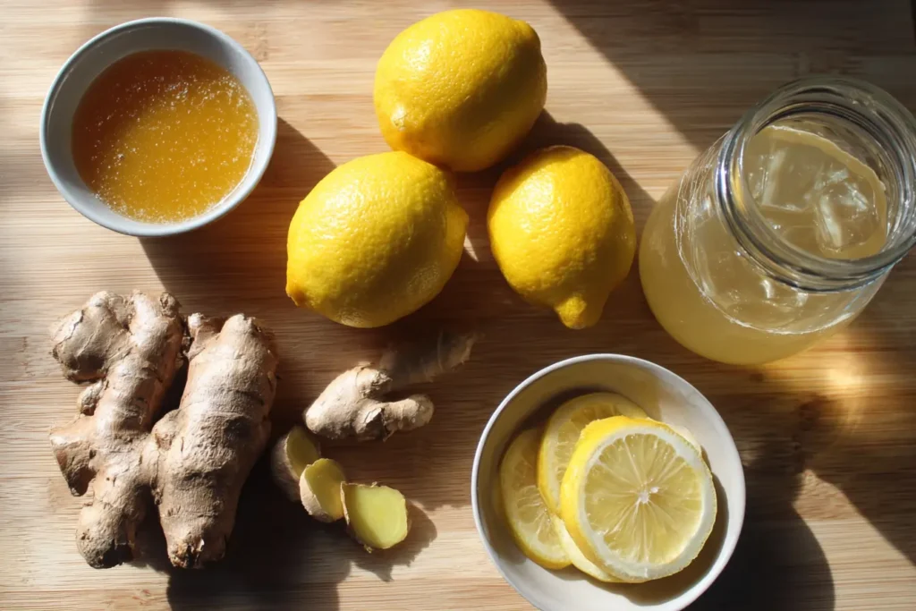 ingredients for lemon ginger honey syrup on a wooden table