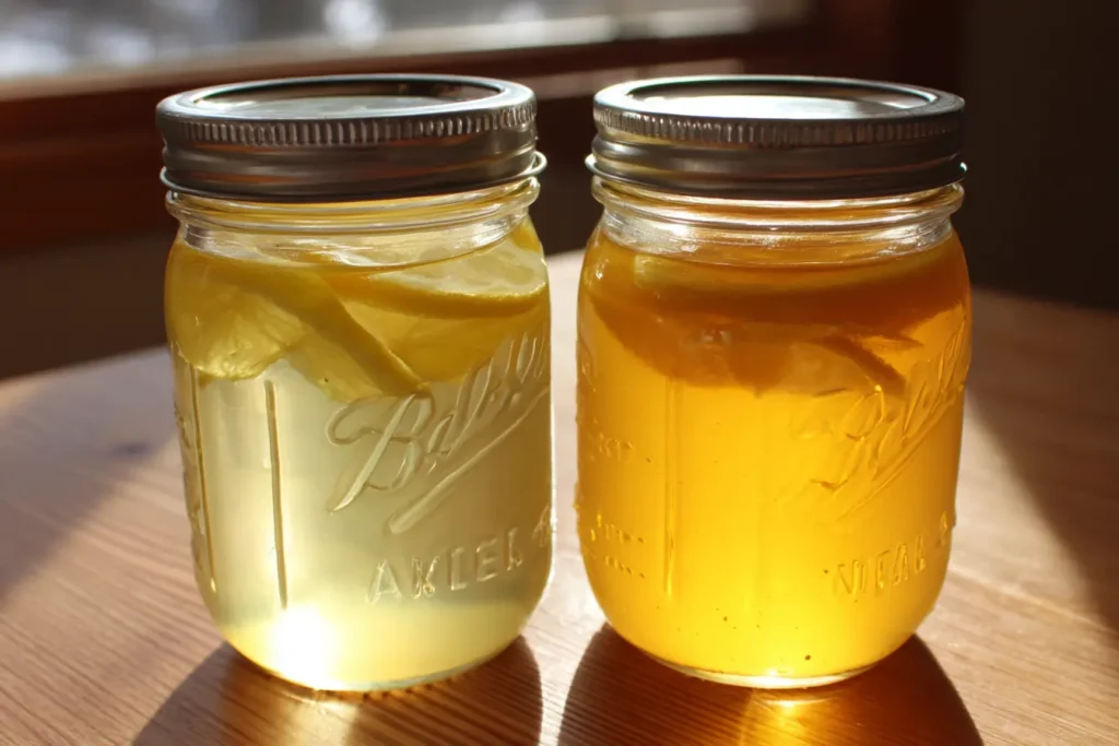 two jars of lemon ginger honey syrup including a golden turmeric variation
