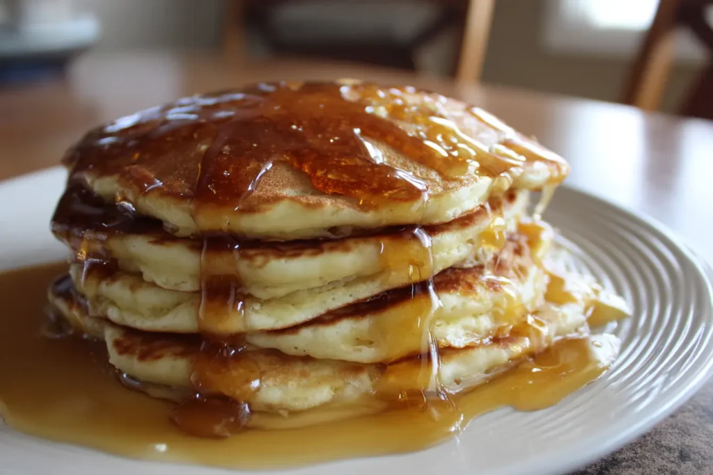 lemon ginger honey syrup drizzled over pancakes on a plate