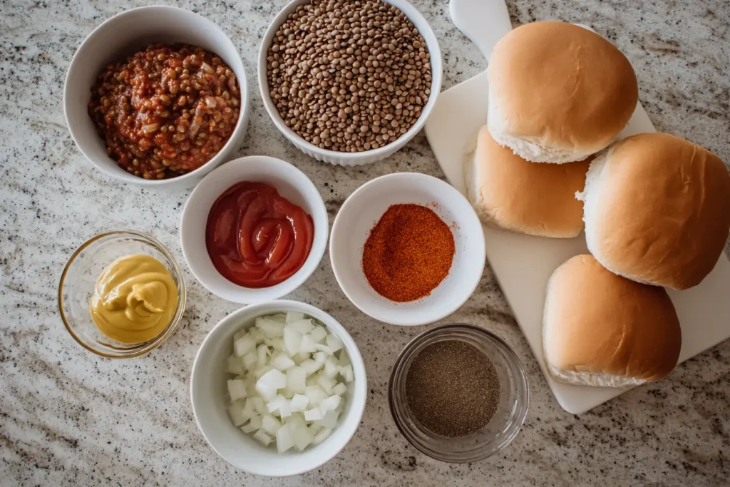 Overhead flat lay of lentils, onion, garlic, tomato sauce, ketchup, spices, and buns