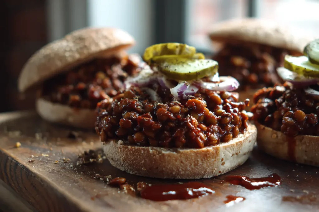 Close-up of lentil sloppy joes on toasted buns with pickles and onions