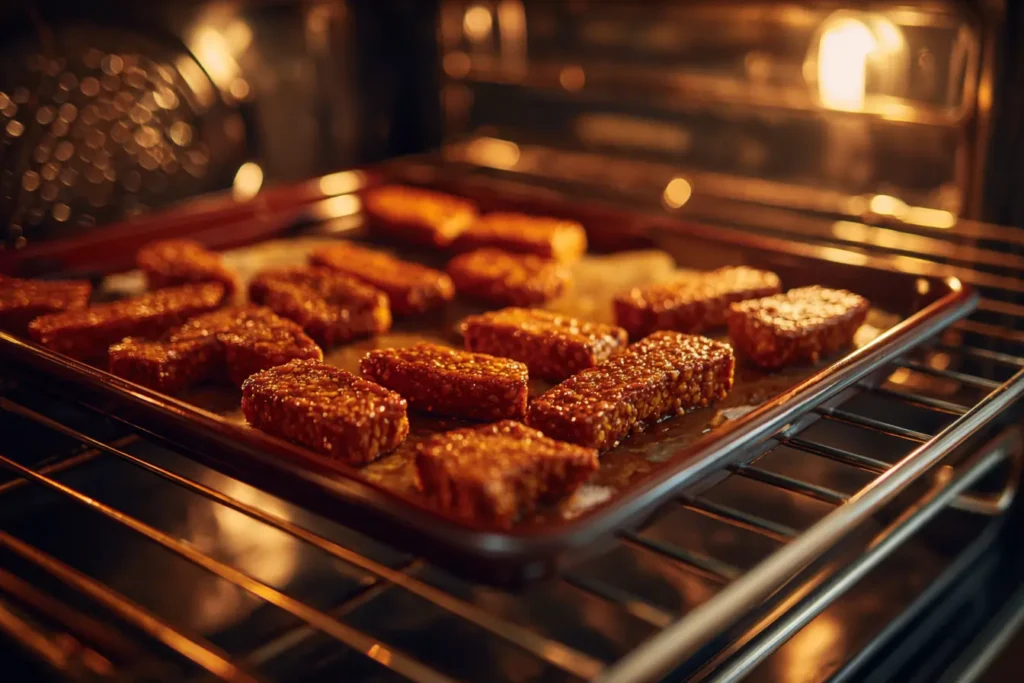 Baking tray with marinated tempeh cubes sliding into the oven in a home kitchen