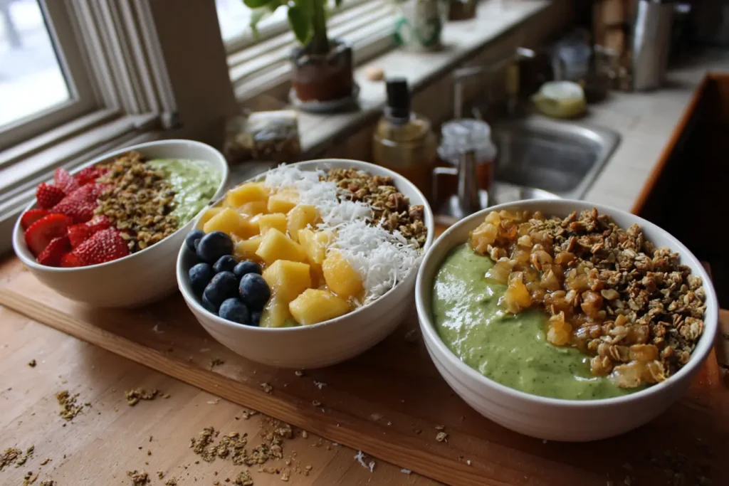 Three matcha yogurt bowls with different topping combinations
