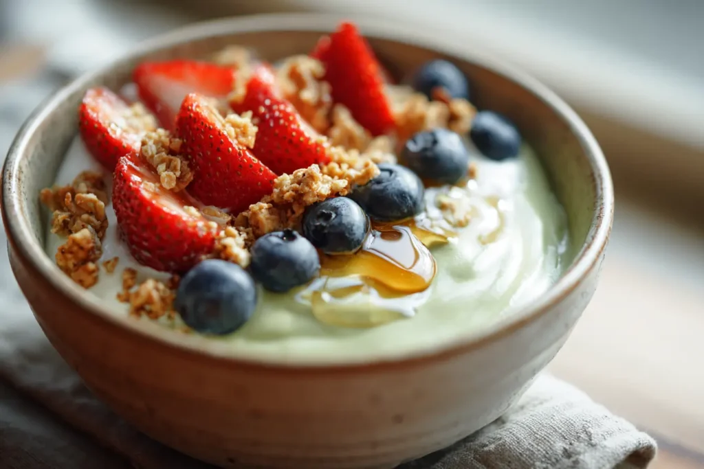 Creamy matcha yogurt bowl topped with strawberries, blueberries, granola, and honey