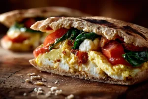 Overhead flat lay of pita, egg, tomato, spinach, feta, hummus, olive oil and herbs for a Mediterranean breakfast sandwich