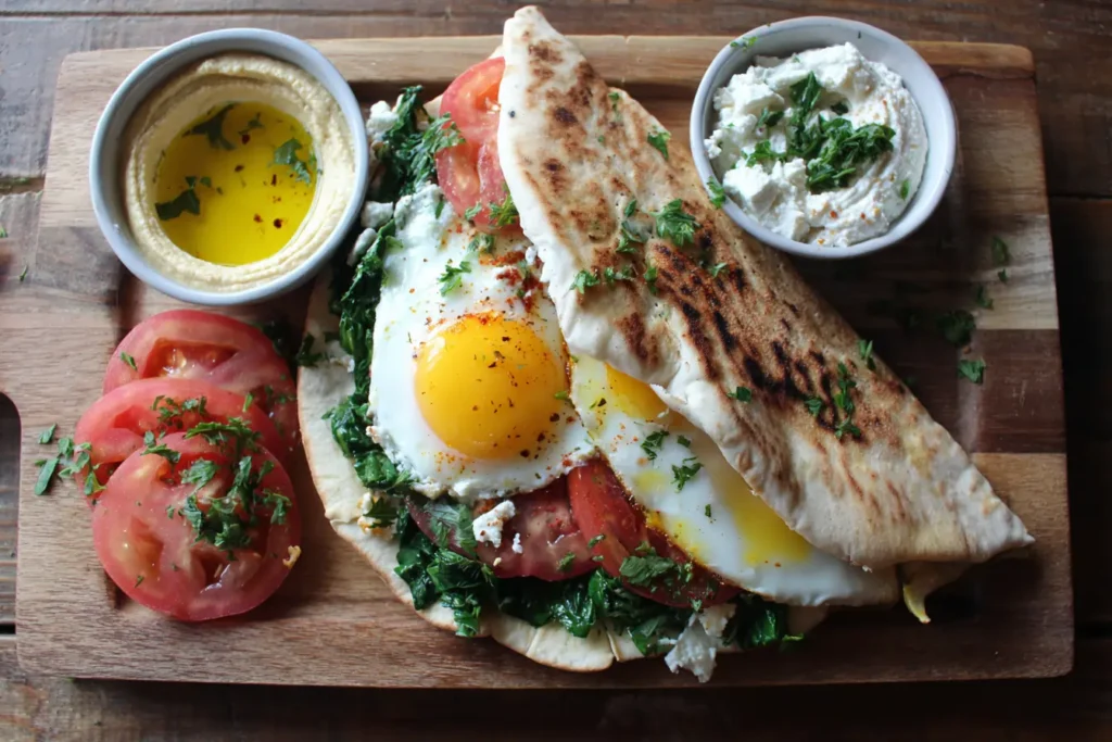 Overhead flat lay of pita, egg, tomato, spinach, feta, hummus, olive oil and herbs for a Mediterranean breakfast sandwich