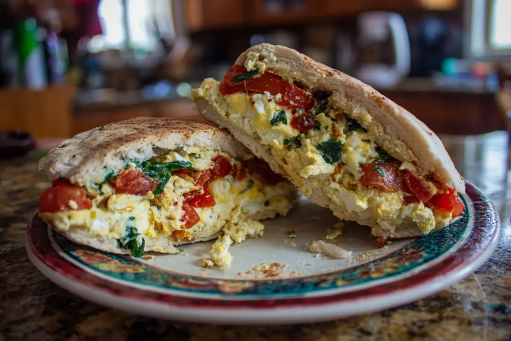 Close-up of pita or English muffin toasting in a small pan for a Mediterranean breakfast sandwich