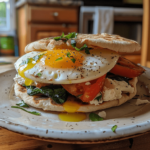 Mediterranean breakfast sandwich with egg, tomato, spinach, hummus and feta in toasted pita