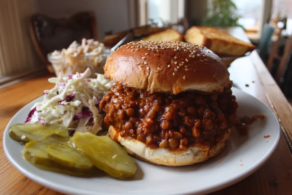 Toasted bun overflowing with lentil sloppy joes, pickles, and coleslaw on a plate