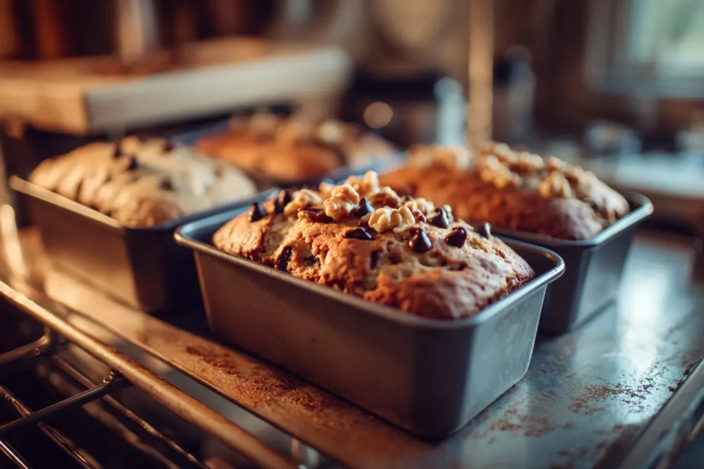 Mini loaf pan cavities filled two-thirds with banana bread batter, some topped with chocolate chips and walnuts