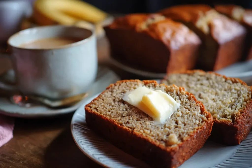 Sliced mini banana bread loaf on a plate with melting butter and a cup of coffee
