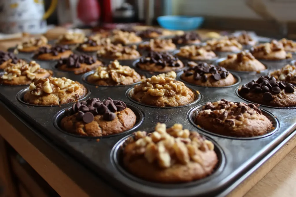 Mini loaf pan with banana bread batter, some loaves topped with chocolate chips and others with chopped walnuts