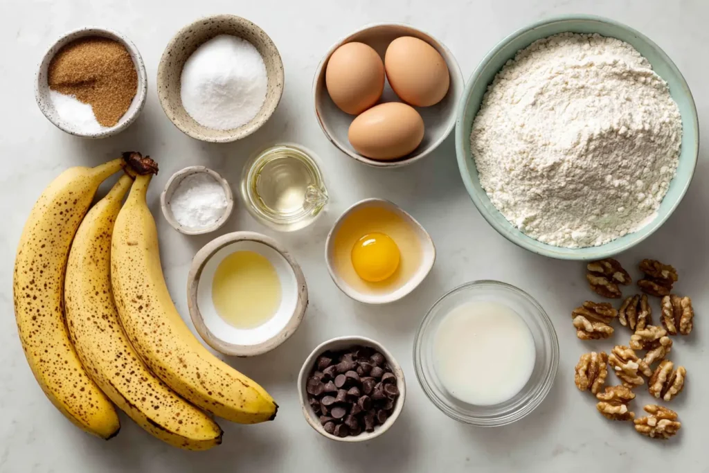 Overhead flat lay of ingredients for mini banana bread loaves on a white counter