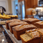 Freshly baked mini banana bread loaves with one sliced to show moist crumb