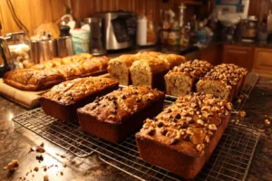 Fresh mini banana bread loaves on a cooling rack, some with chocolate chips and walnuts, one sliced to show moist crumb