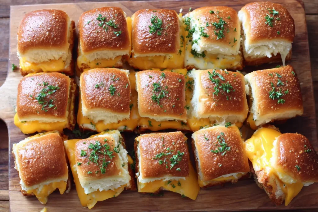 Mini grilled cheese Hawaiian rolls on a baking tray, golden tops and melted cheese