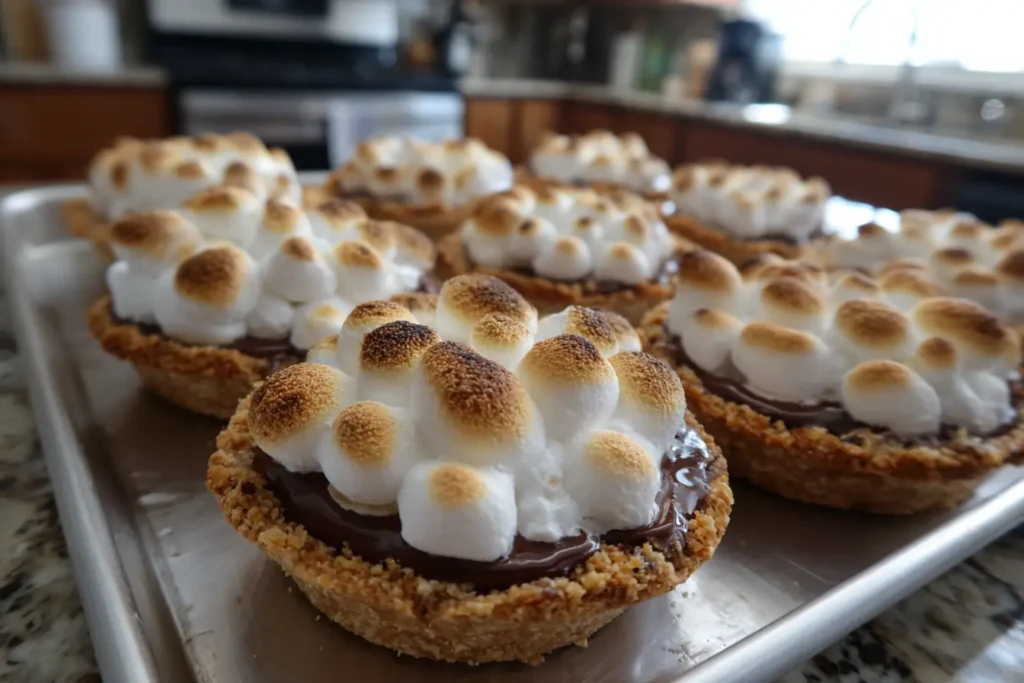 Mini smores pies just baked with puffed marshmallows and melted chocolate under the top