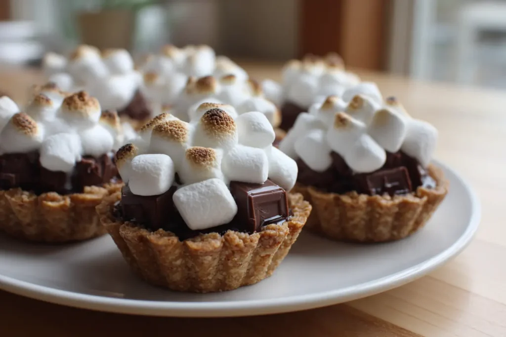 Mini smores pies before baking with chocolate squares and mini marshmallows in muffin cups