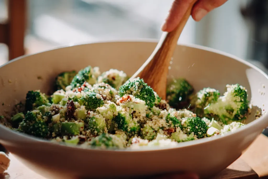 Mixing broccoli apple quinoa salad in a bowl with a wooden spoon