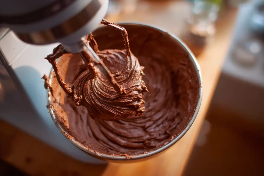 Hand mixer blending eggless chocolate frosting in a bowl