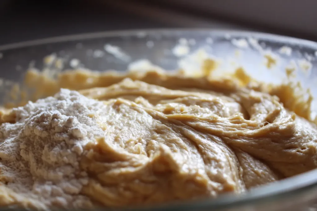 Glass bowl of mini banana bread batter being folded with a spatula, flour streaks still visible