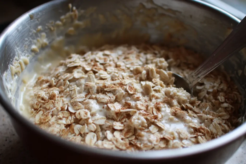 Thick Cinnamon Cottage Cheese Oatmeal Bake batter in a large mixing bowl with visible oats and cinnamon specks, spoon mid-stir