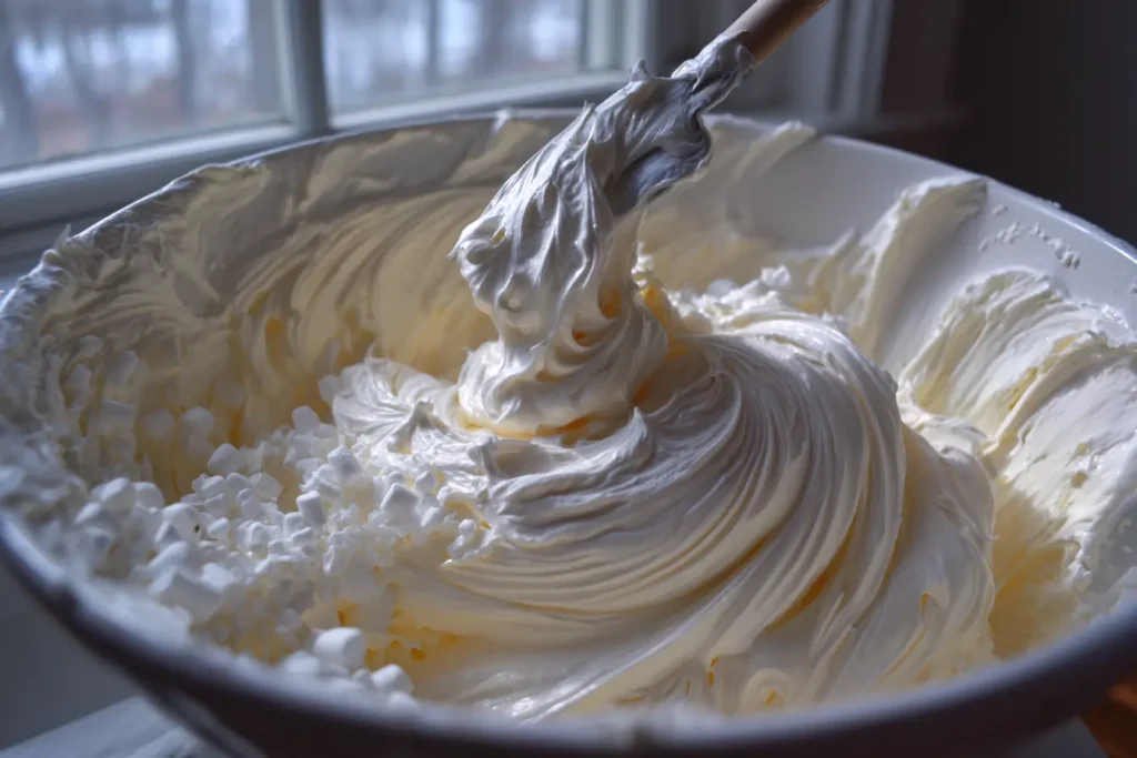 Mixing ambrosia salad creamy base with a spatula in a bowl