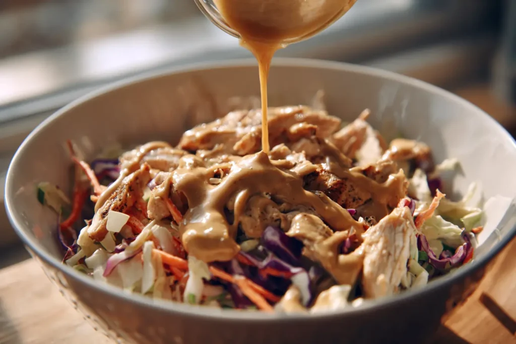 Bowl of shredded chicken and slaw with Thai peanut sauce being poured on top