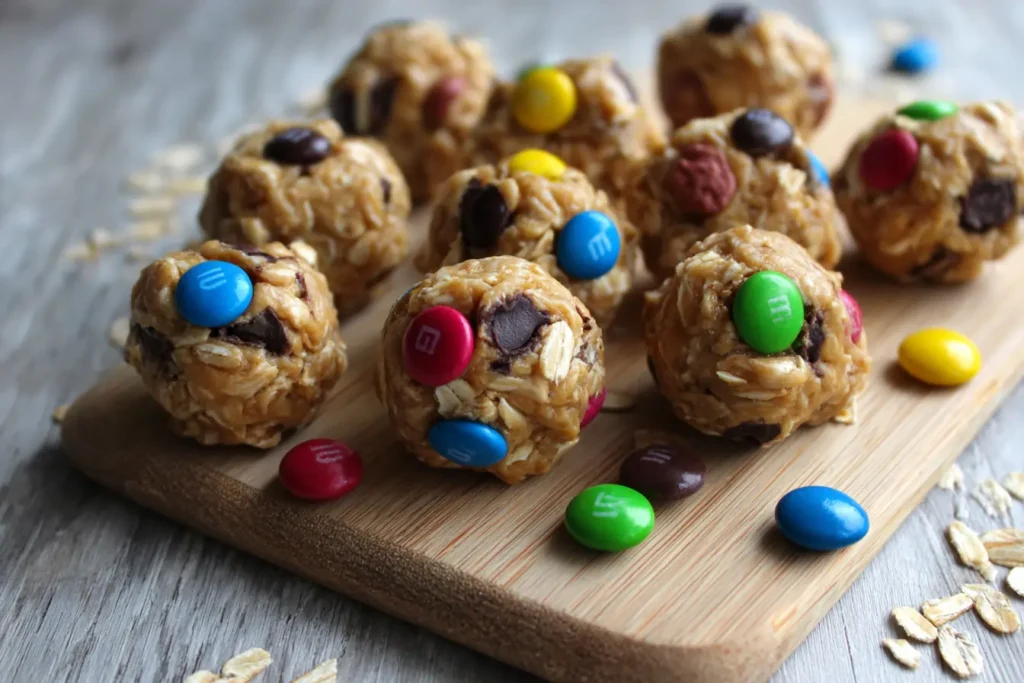 Monster cookie protein balls ingredients on a wooden table