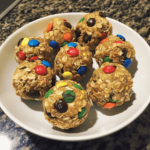 Monster cookie protein balls with oats, peanut butter, chocolate chips, and M&Ms