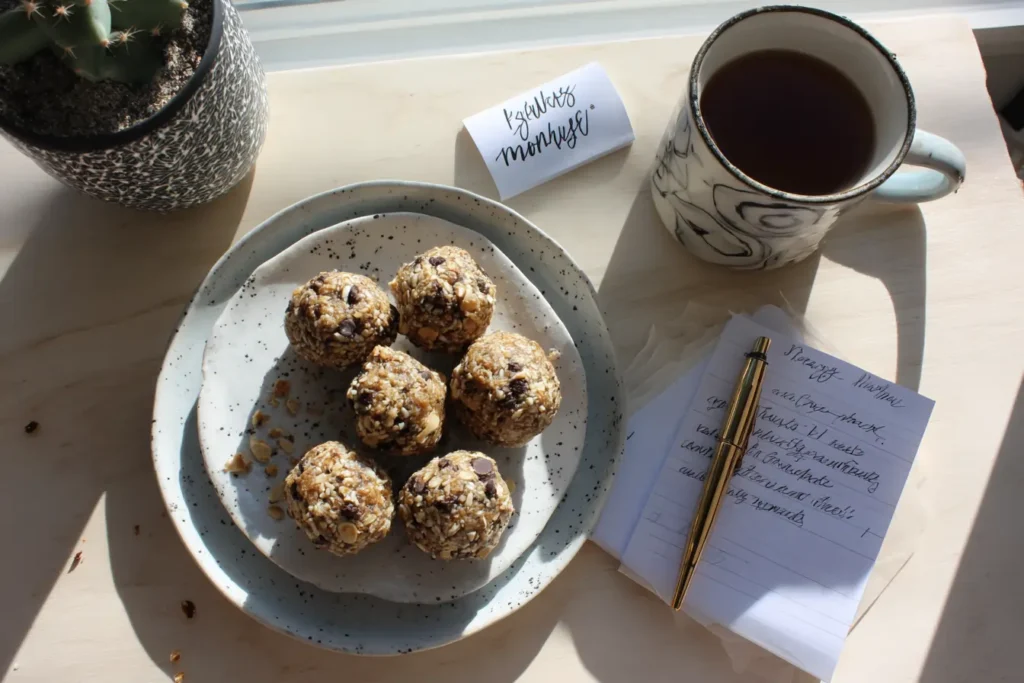 Monster cookie protein balls served as a snack on a table