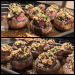 Ingredients for mushroom-stuffed beef olives on a kitchen counter