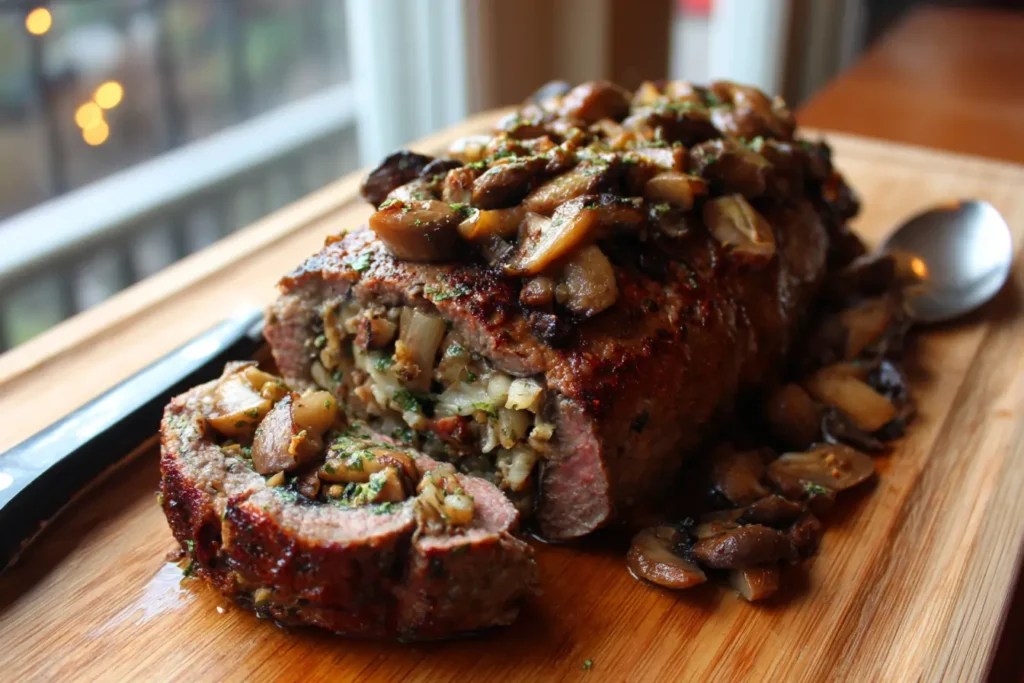 Beef slice with mushroom stuffing ready to roll for mushroom-stuffed beef olives