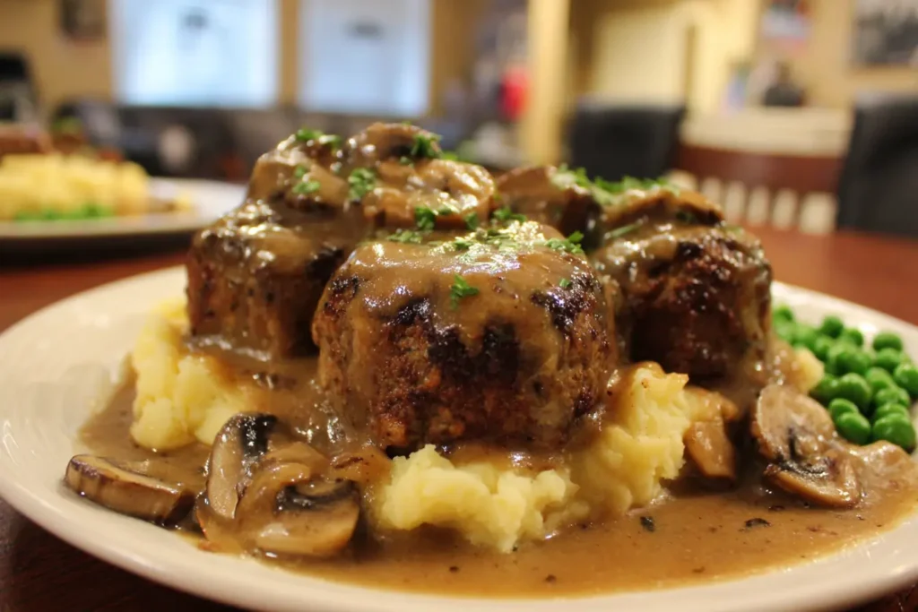 Finished mushroom-stuffed beef olives with gravy, mashed potatoes, and peas