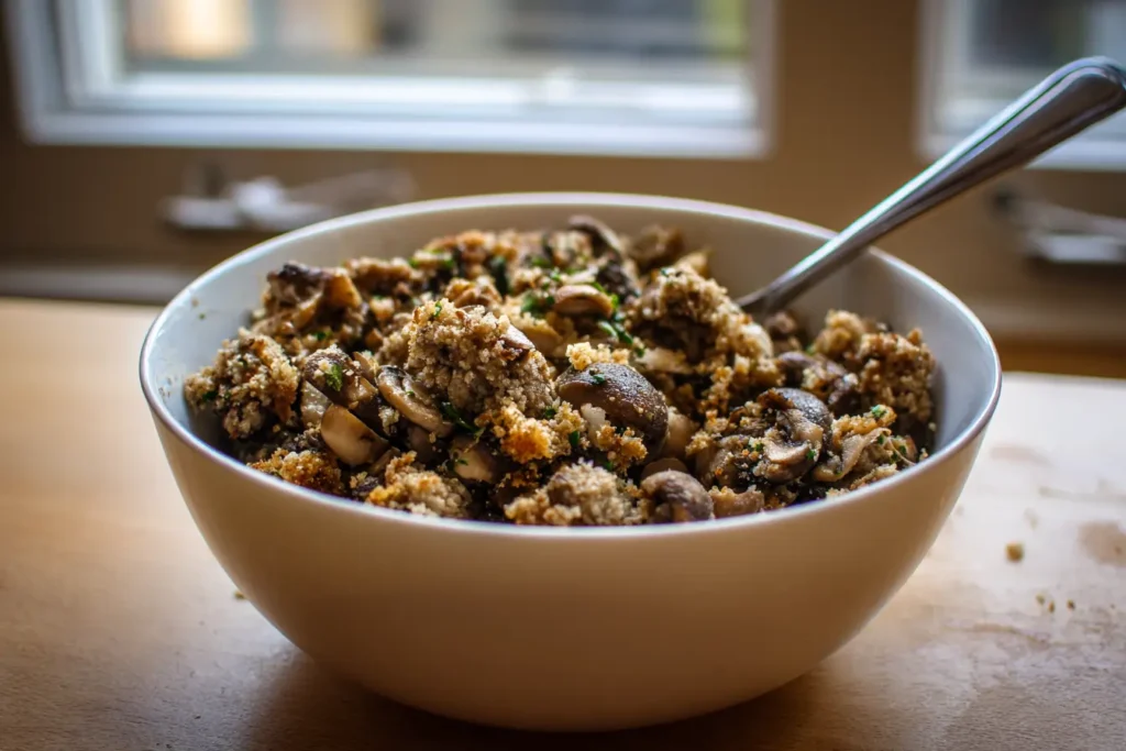 Cooled mushroom stuffing with breadcrumbs that clumps for mushroom-stuffed beef olives