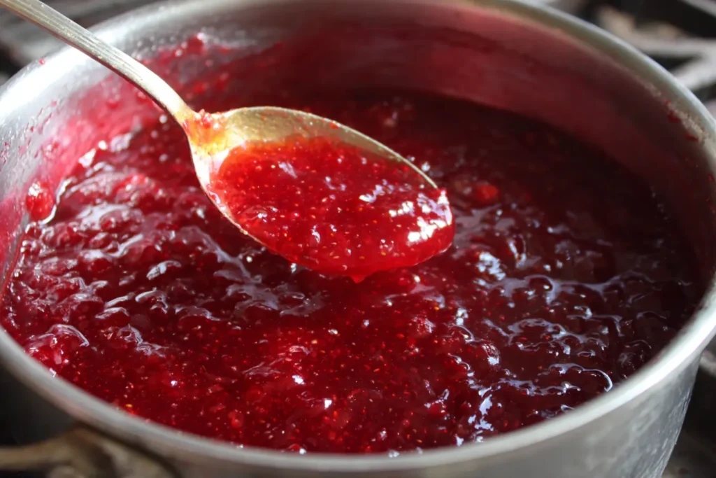 Thick strawberry filling for Strawberry Pop Tart Pie in a saucepan