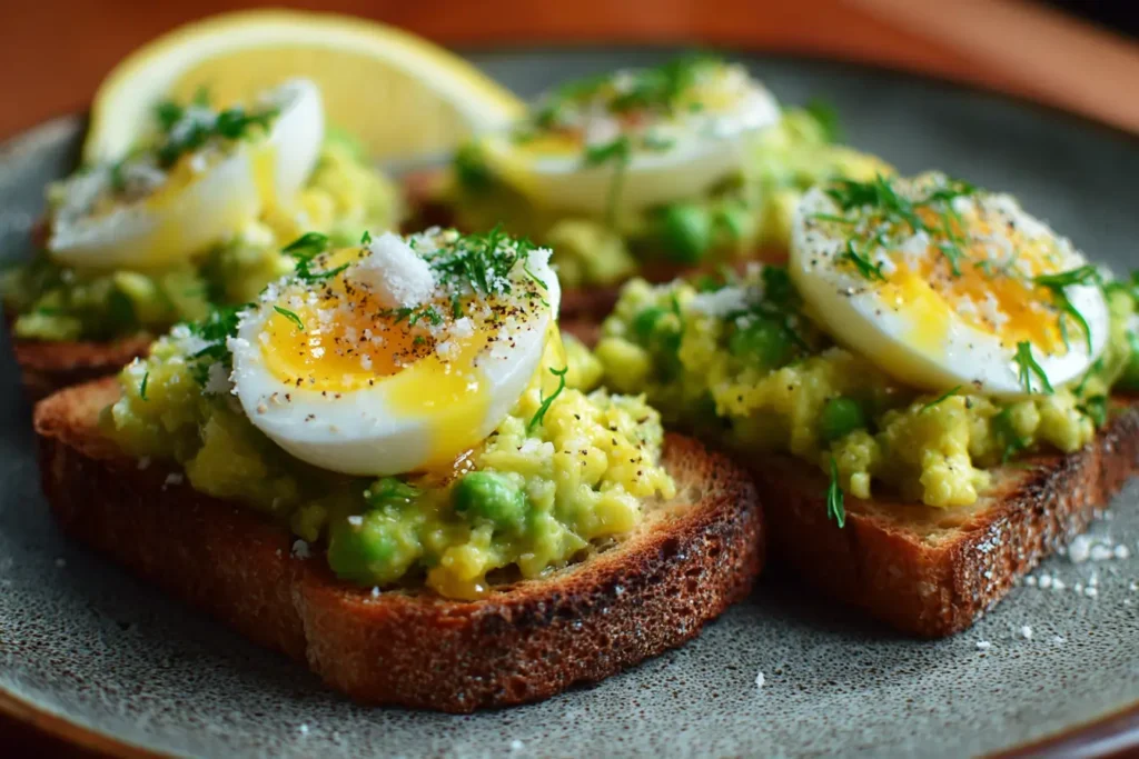 Olive oil drizzled over smashed broad beans and avocado with lemon