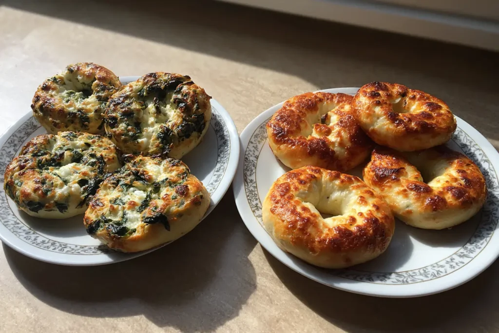 oven baked vs air fried spinach cottage cheese flat bagels