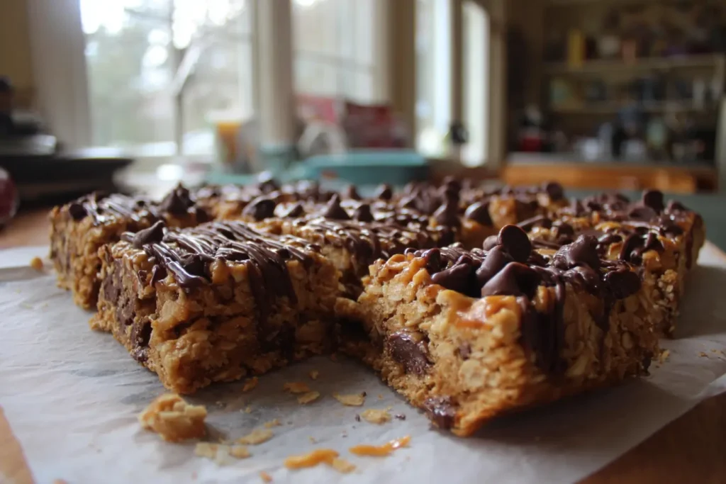 Peanut butter chocolate flapjacks with chocolate drizzle and chips